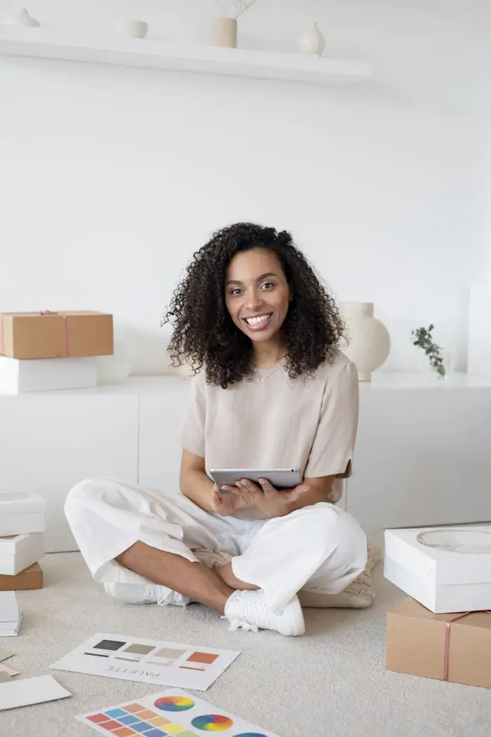 A confident young woman sitting among packages and papers while using a tablet, showcasing modern entrepreneurship.